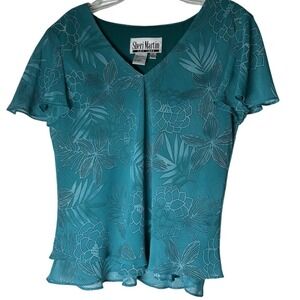 Sheri Martin Blouse Womens Sz 10 Teal Blue Floral Short Sleeve Stretch Top Only